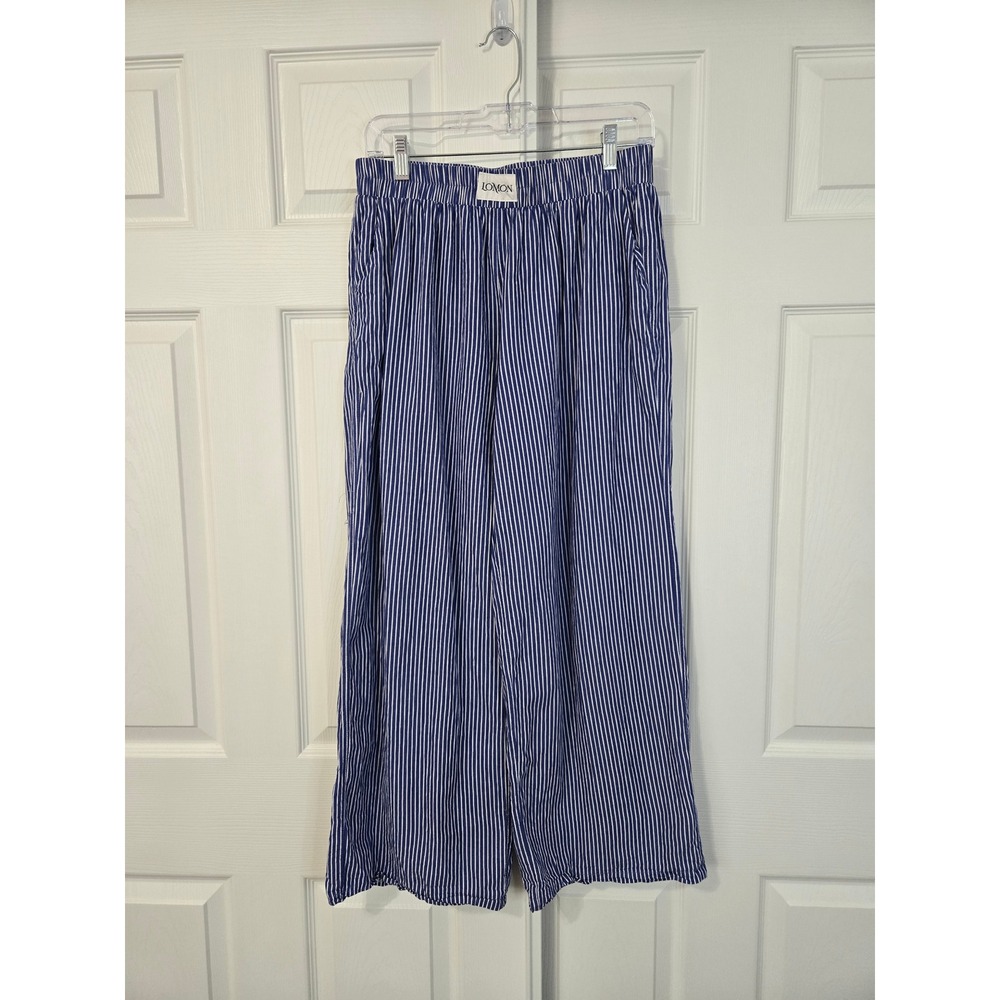 LOMON Womens Blue White Striped Wide Leg Elastic Waist Pocket Pants 1829
